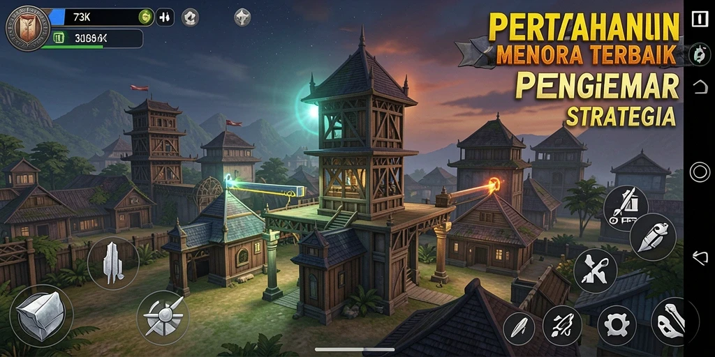 Tangkapan layar gameplay 73K menampilkan pertarungan menara yang seru dan strategis.