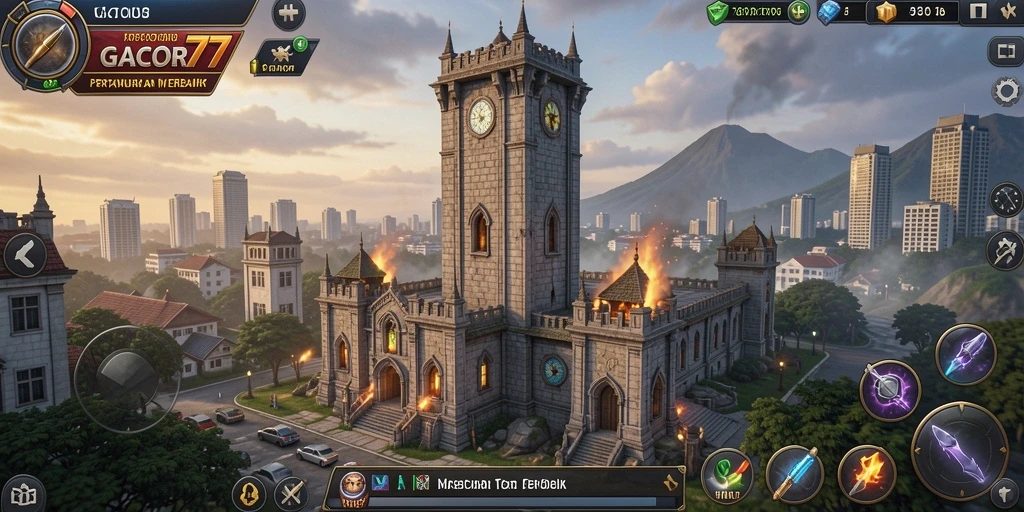 Tampilan gameplay GACOR77 dengan menara dan musuh yang dinamis.