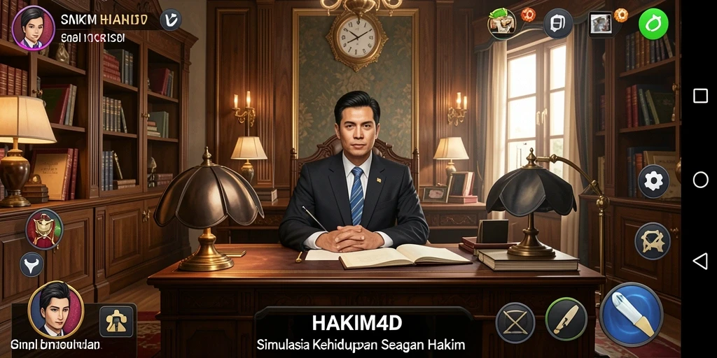 Tampilan utama dari gameplay HAKIM4D dengan situasi hukum menarik.