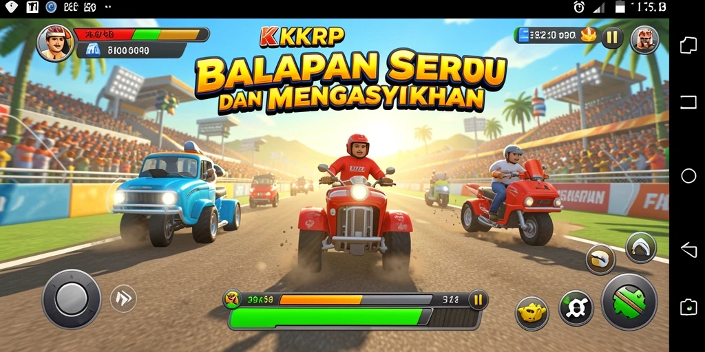 Tampilan gameplay KKRP menampilkan balapan mendebarkan dengan kendaraan bertenaga.