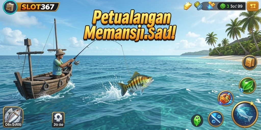 Screenshot utama SLOT367 menampilkan pemain menangkap ikan di laut yang indah.